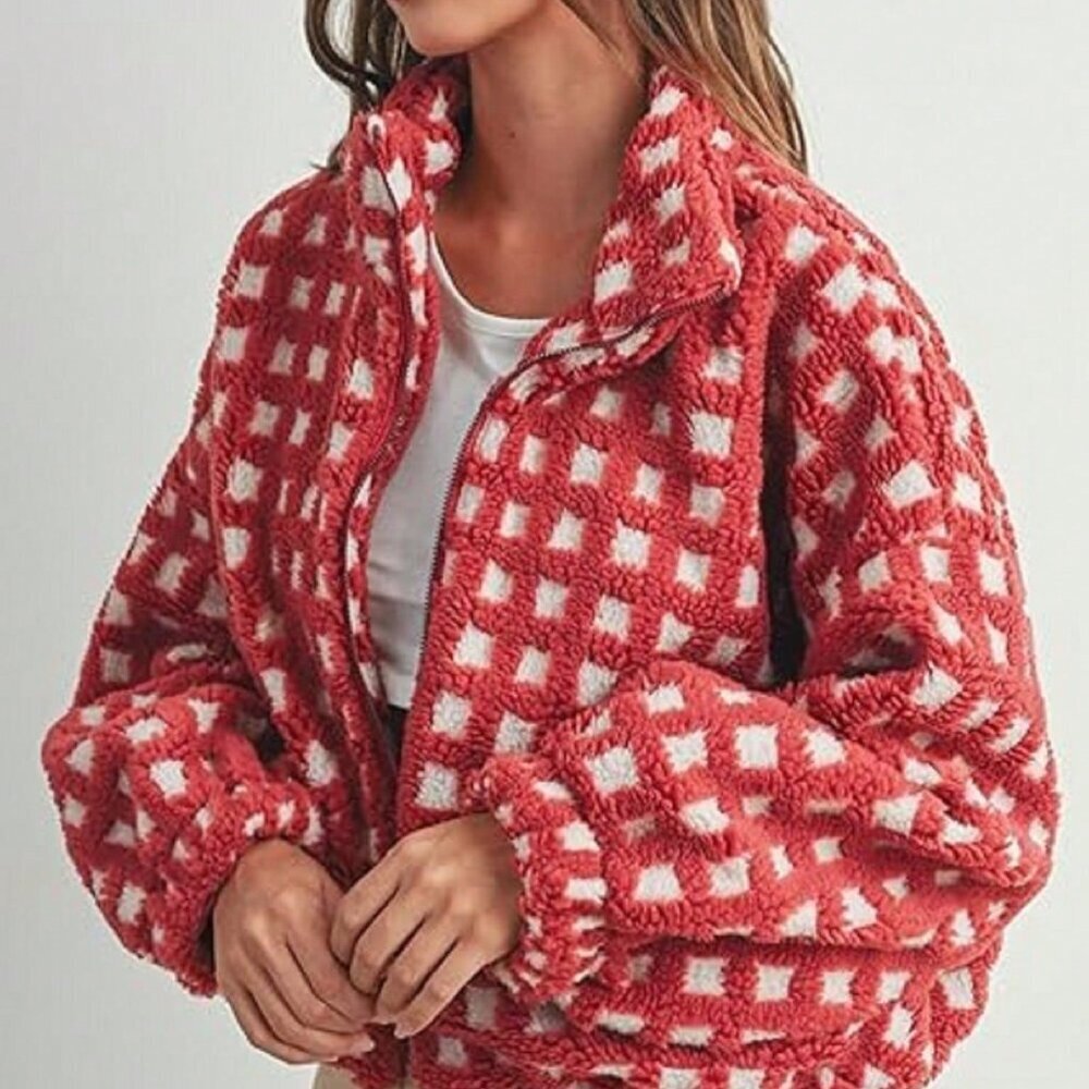 Red Casual Women's Checkered Fleece Cropped Sherpa Jacket - Picture 4 of 5
